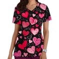 thumbnail image 1 of Uniformes médicos de San Valentín para mujer, modernos, con cuello en V y estampado de corazones, informales, de manga corta, para vacaciones, con bolsillos, 1 of 5