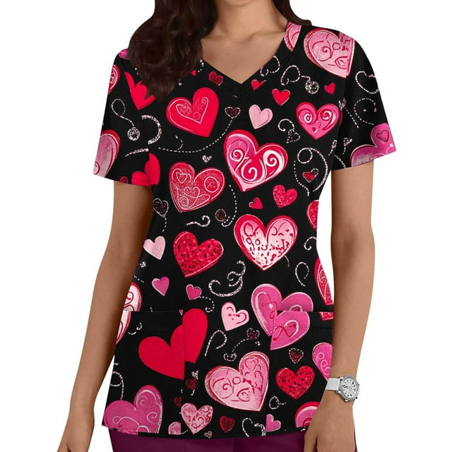 Uniformes médicos de San Valentín para mujer, modernos, con cuello en V y estampado de corazones, informales, de manga corta, para vacaciones, con bolsillos