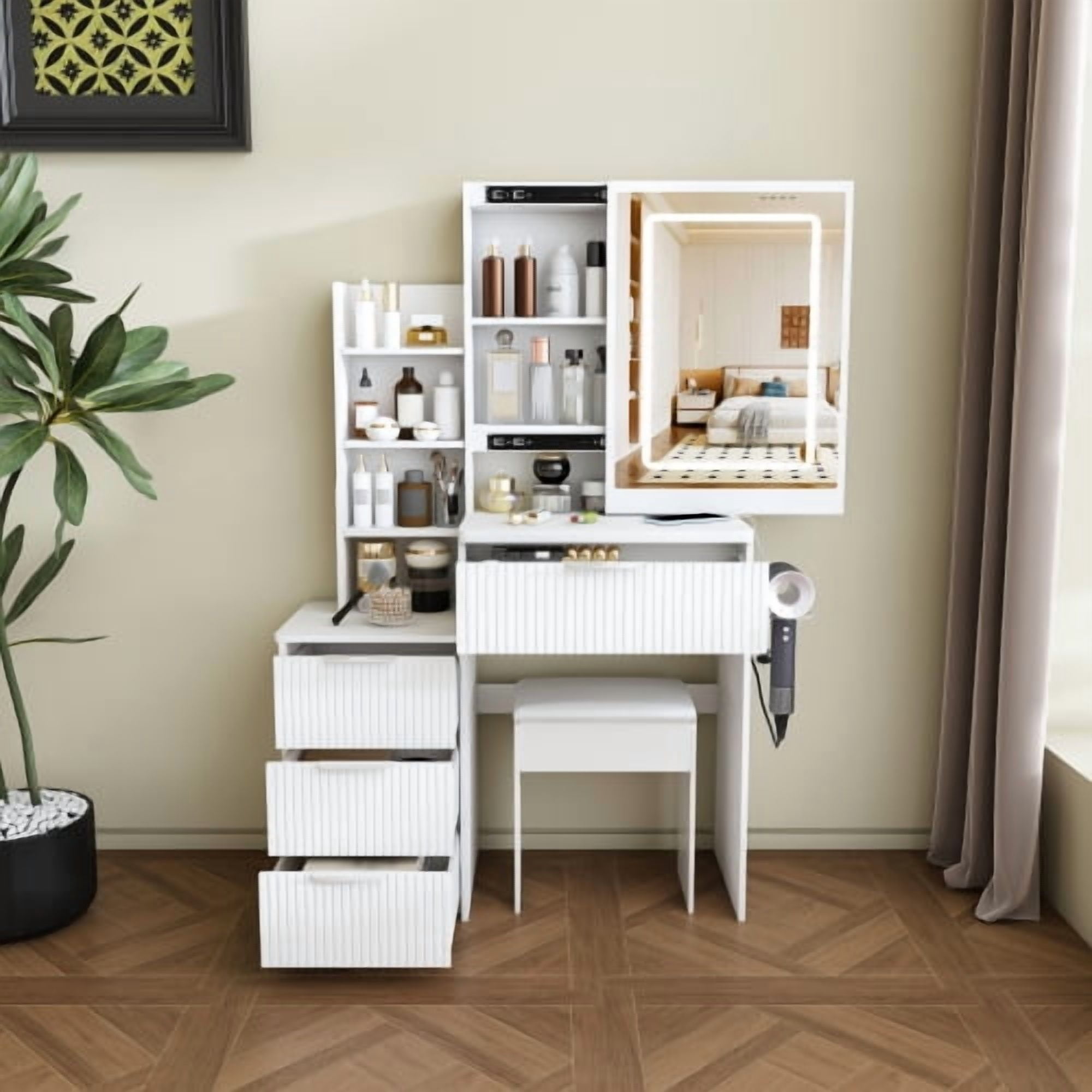 Modern Vanity Desk ,featuring 3 modes of LED lighting with adjustable brightness , with 4 drawers and multiple open storage shelves, with a hair dryer holder and power socket, a dressing chair.white