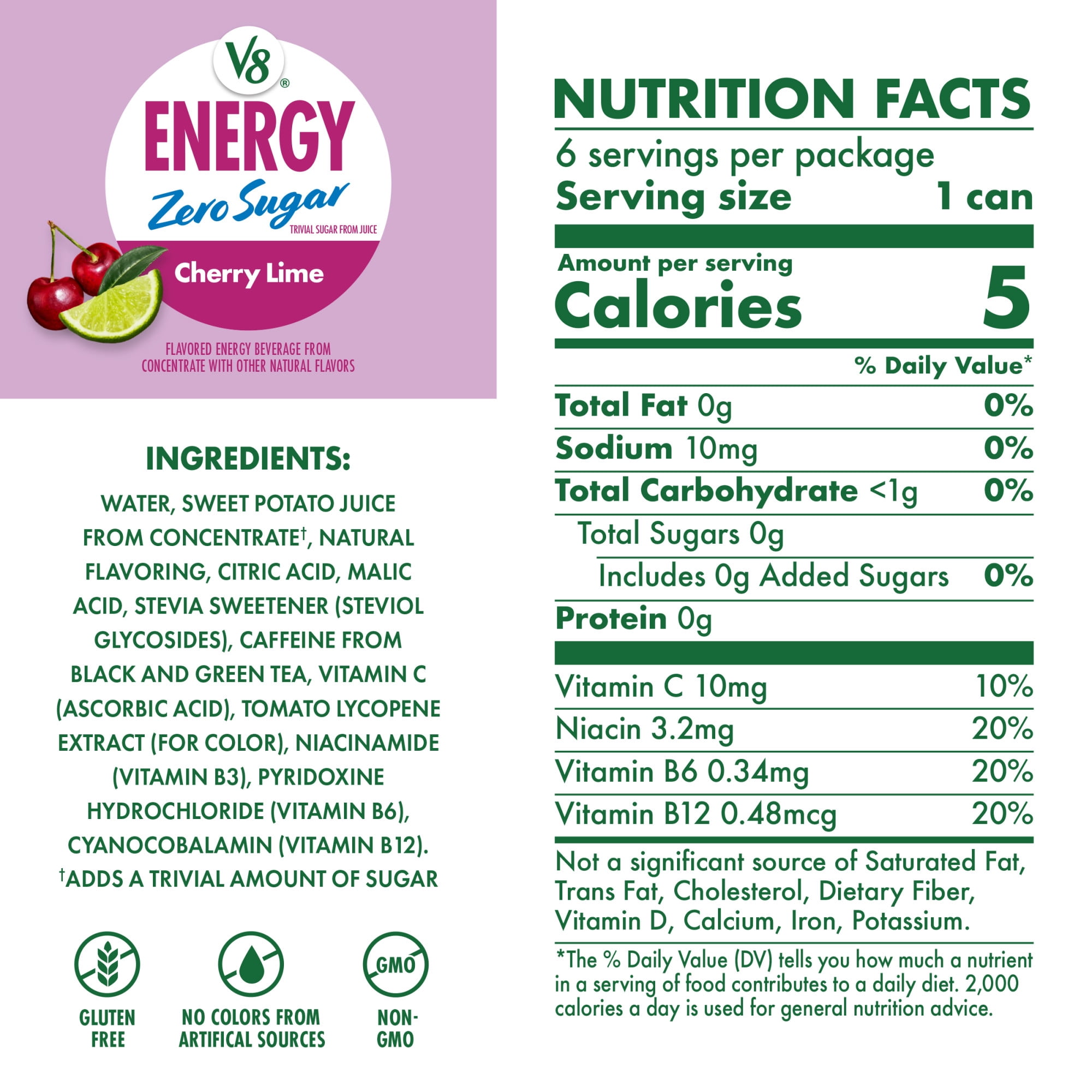 (4 pack) V8 Energy Zero Sugar Cherry Lime Energy Drink 8 fl. oz. Can (6 Pack)