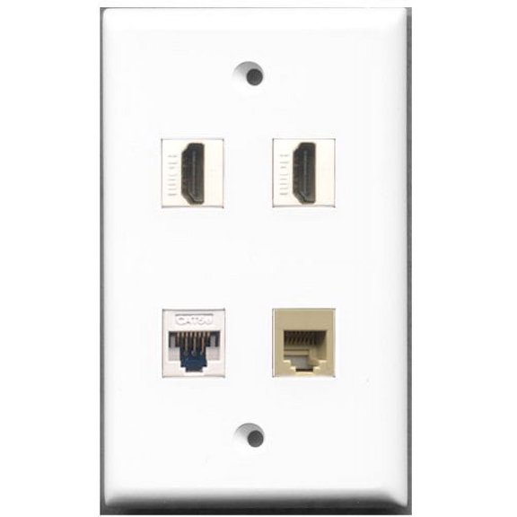 RiteAV - 2 Port HDMI 1 Port Phone RJ11 RJ12 Beige 1 Port Cat5e Ethernet White Wall Plate