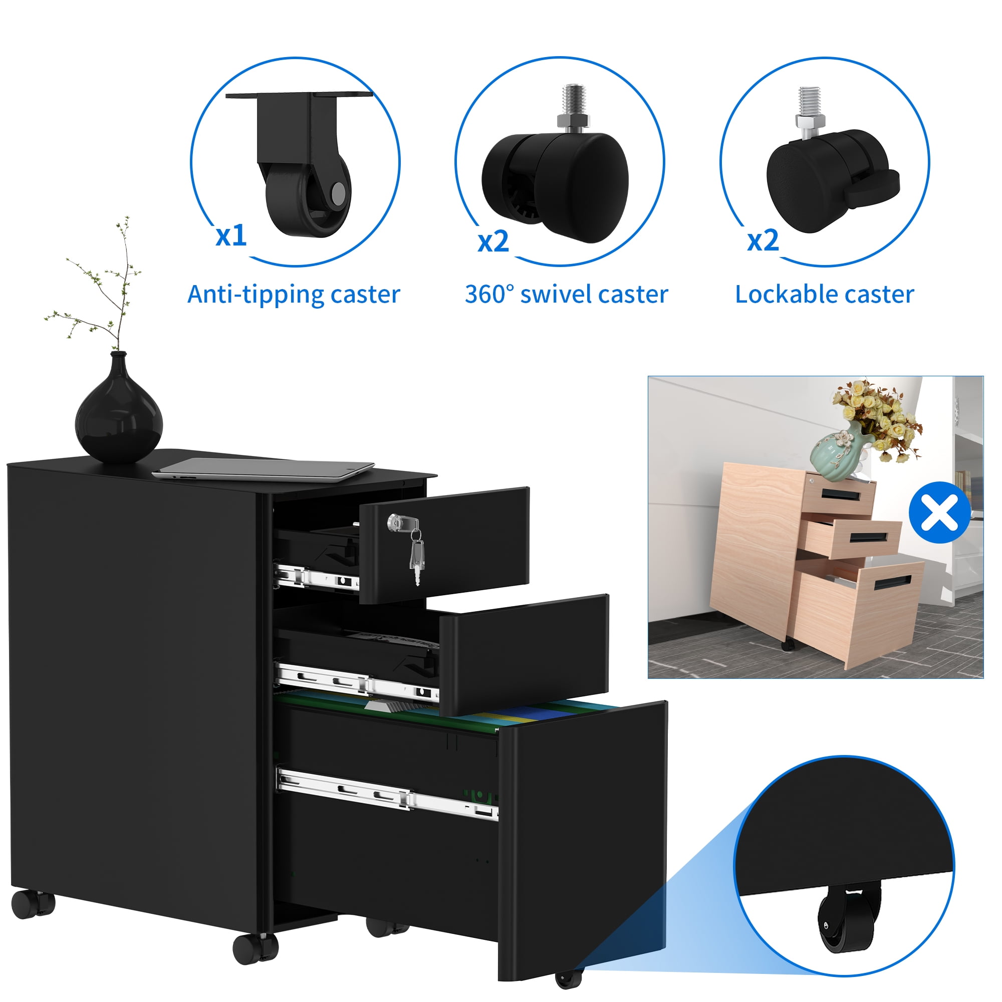 Dextrus 3-Compartment Secure Locking File Cabinet, Mobile Steel Office Document Storage, Suitable for Legal/Letter Files, Pre-Built