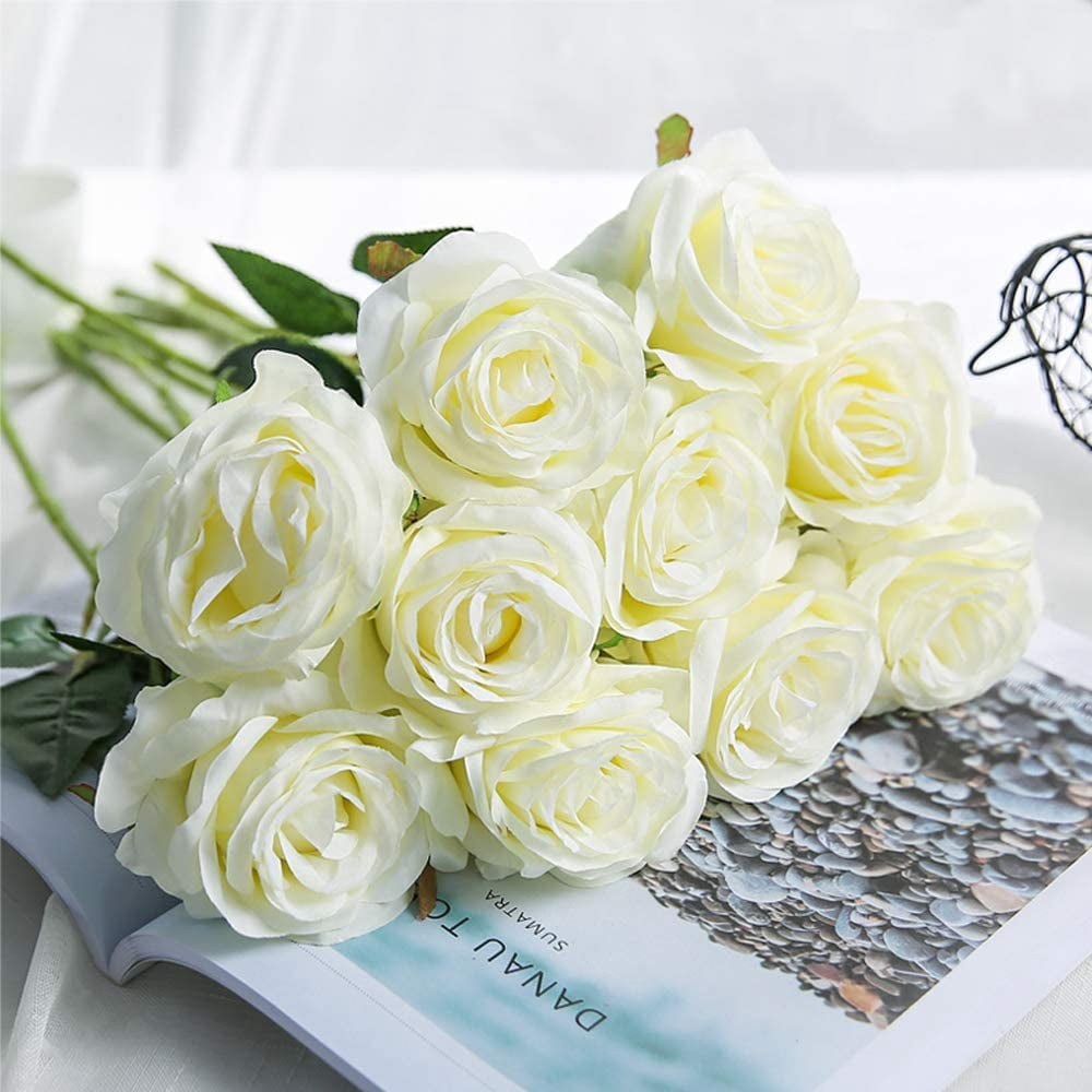 12PCS Artificial Silk Flowers Realistic Roses Bouquet Long Stem for Home Wedding Decoration Party (White)