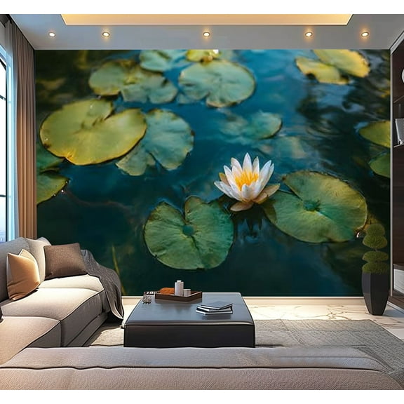 Peel and Stick Wallpaper blooming white pink lotus flowers pond Modern Art Wall Mural Decor Self Adhesive and Removable 100in x 144in