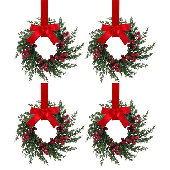 BinKFF 4 Pcs 4" Mini Christmas Wreath Mini Cabinet Wreaths for Kitchen Christmas Red Berry with Red and Black Plaid Bow Farmhouse Wreath for Holiday Xmas Party Decorations