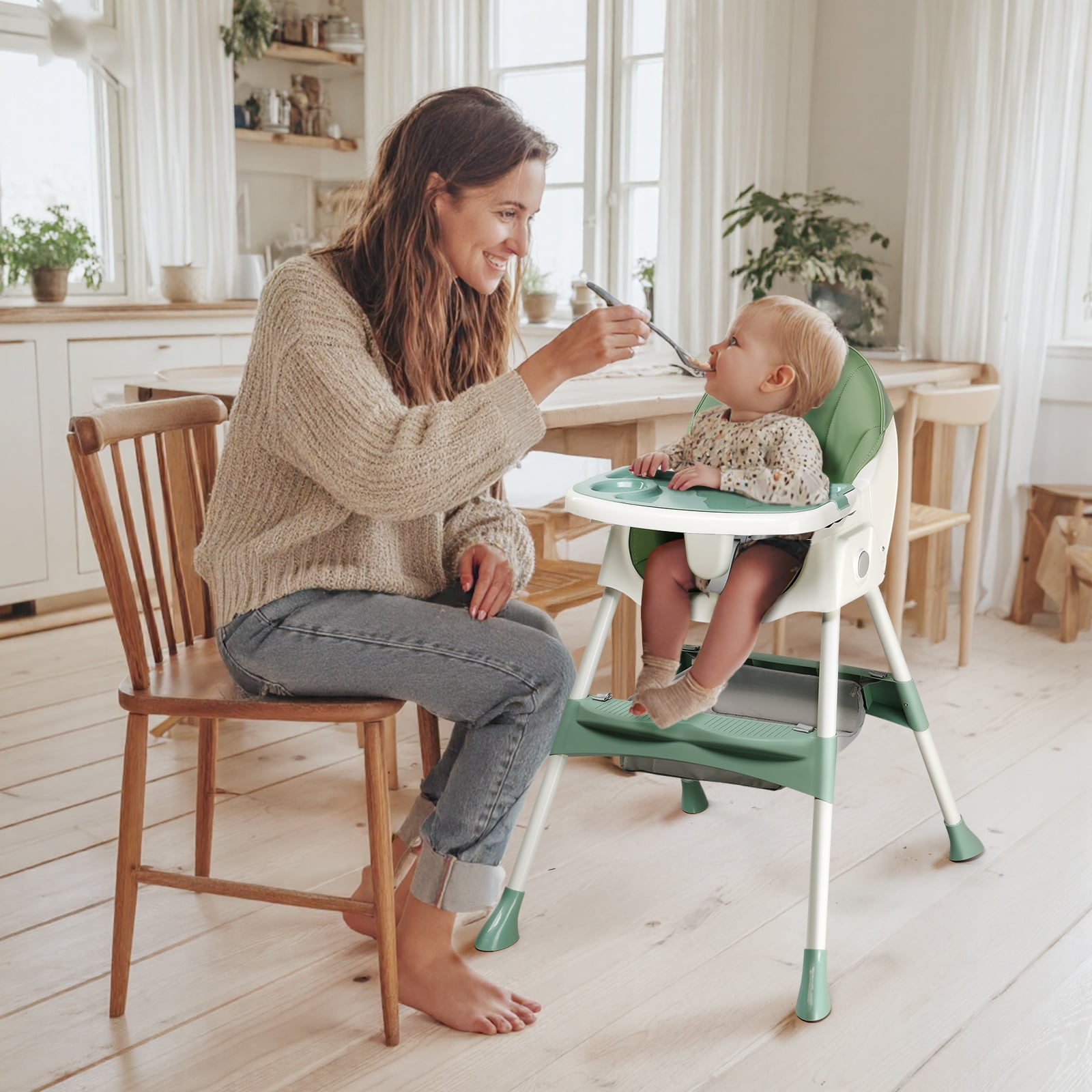 Ktaxon Baby High Chair, Convertible 6 in 1 High Chairs for Babies and Toddlers, Foldable Baby Highchair with 5-Point Safety Harness, Adjustable Dining Tray, Backrest & Height, Green