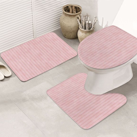 Bathroom Rugs Sets 3 Piece - Pink Stripes Absorbent Non Slip Bath Mats, U-Shape Toilet Lid Cover, Contour Mat, Soft Washable Shower Mats Bath Rug Mat for Bathroom Tub Toilet