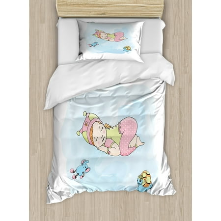 Sweet Dreams Twin Size Duvet Cover Set, Girl Sleeping with Her Toys Teddy Tortoise and Elephant Cartoon Illustration, Decorative 2 Piece Bedding Set with 1 Pillow Sham, Multicolor, by