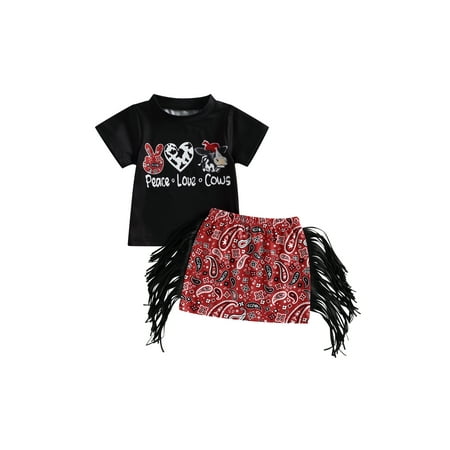 

Qtinghua Western Baby Girls Summer Clothes Short Sleeve Cow Print T-Shirt Tops Leopard Tassels Mini Skirt Set