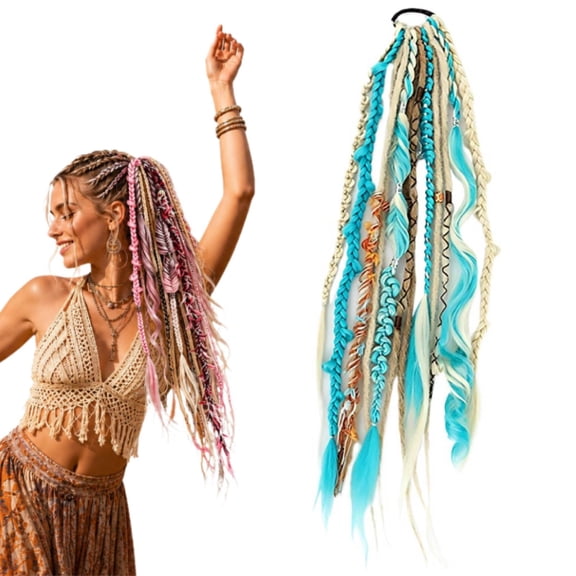 Boho Dreadlock Hair Extension, Elastic Dread Ponytail,Beaded Clip-in Braids
