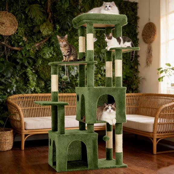 Cat Tree 61" Tall, Sisal Wrapped Scratching Post, Cat Nest, Hanging Ball, Extended Platform,Green