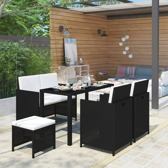 vidaXL 6 Piece PE Rattan Outdoor Dining Set with Table and Bench, Black/Black