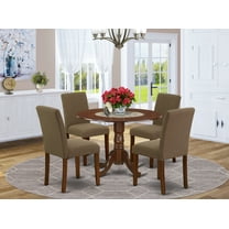 DLAB5-MAH-18 5Pc Round 42" Kitchen Table With Two 9-Inch Drop Leaves And Four Parson Chair With Mahogany Leg And Linen Fabric Coffee