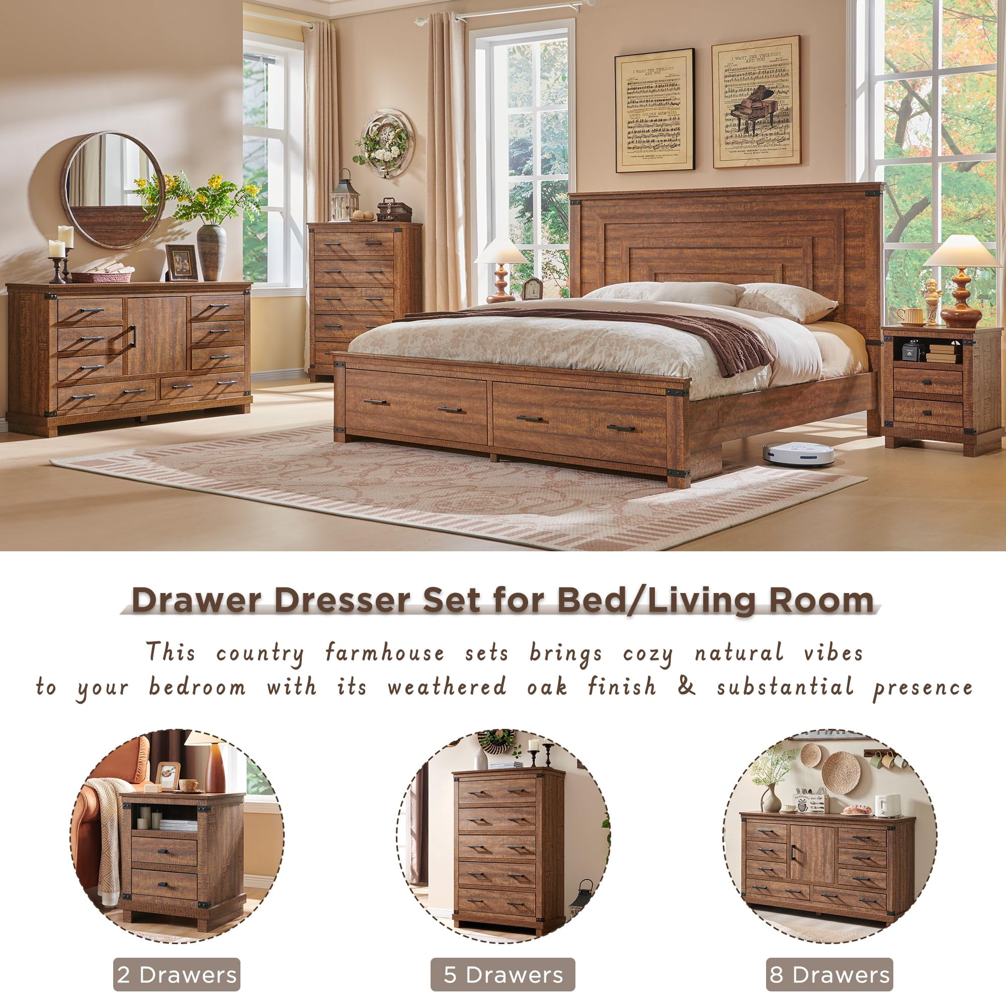 OKD Farmhouse 6 Drawers Dresser for Bedroom, Wood Large Chest of Drawers with Thick Plank Styling, Rustic Closet Dresser for Bedroom, Living Room, Reclaimed Barnwood Color