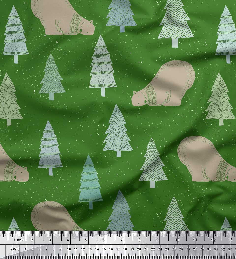 Soimoi Green Heavy Satin Fabric Bear & Tree Christmas Printed Fabric 1 Yard 54 Inch Wide