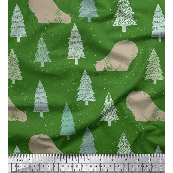 Soimoi Green Georgette Viscose Fabric Bear & Tree Christmas Print Sewing Fabric Yard 42 Inch Wide