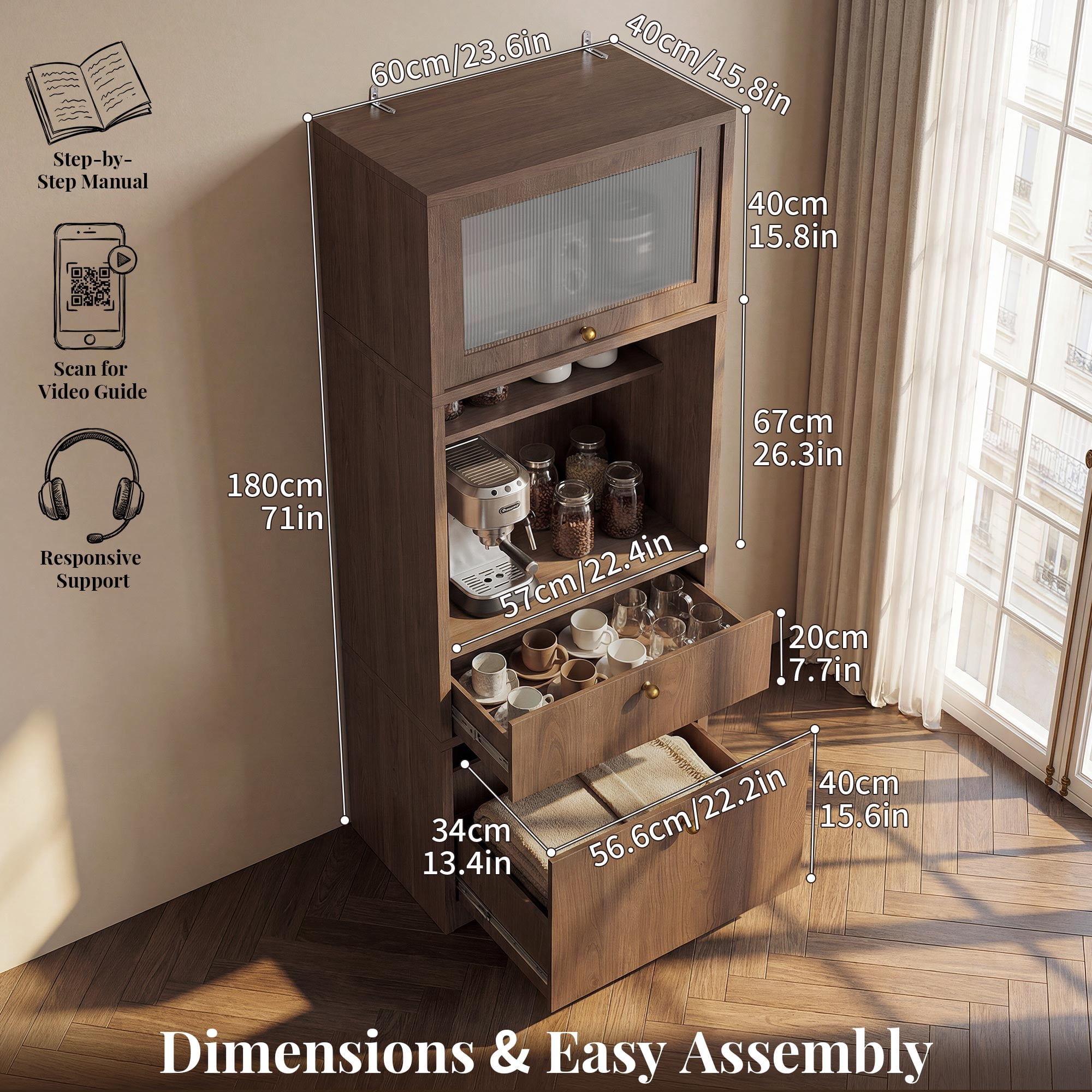 OMCPET 71" Tall Storage Cabinet, Freestanding Kitchen Pantry with Fluted Glass Flip Door, 2 Drawers & Open Shelves for Kitchen Living Room, Walnut