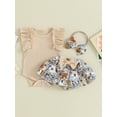 thumbnail image 2 of FEORJGP Infant Baby Girl Summer Clothes 3M 6M 12M 18M Newborn Fly Ruffles Sleeve Romper Crew Neck Jumpsuit Solid Tops and Elastic Floral Skirt Shorts Headband Set Toddler Cute Casual 3 Piece Outfits, 2 of 9