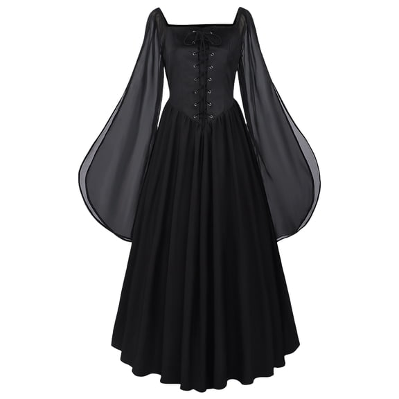 JULMCOMO Renaissance Dresses for Women Halloween Square Neck Long Bell Sleeve Medieval Flowy Maxi Dresses Front Lace Up Witch Cosplay Costumes Black XL