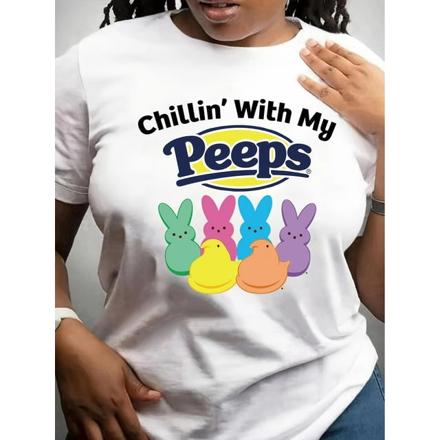 Camiseta de mujer Ropa de verano básicaWomen's Easter T-Shirt - "Chillin' with My Peeps" Colorful Bunny Design, Casual Short Sleeve Crew NeCamisetas de verano para mujer, manga corta, cuello redondo