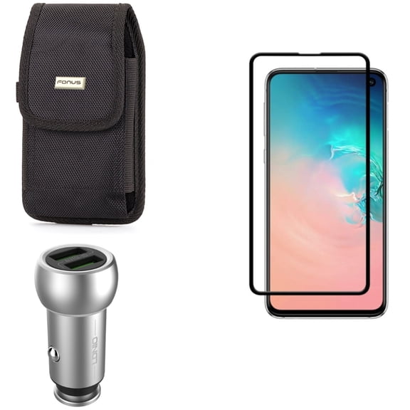 Galaxy S10e Screen Protector w Car Charger w Case Belt Clip - Tempered Glass 5D Curved Edge, 3.6A 2-Port USB Power, Swivel Holster Rugged for Samsung Galaxy S10e Phone