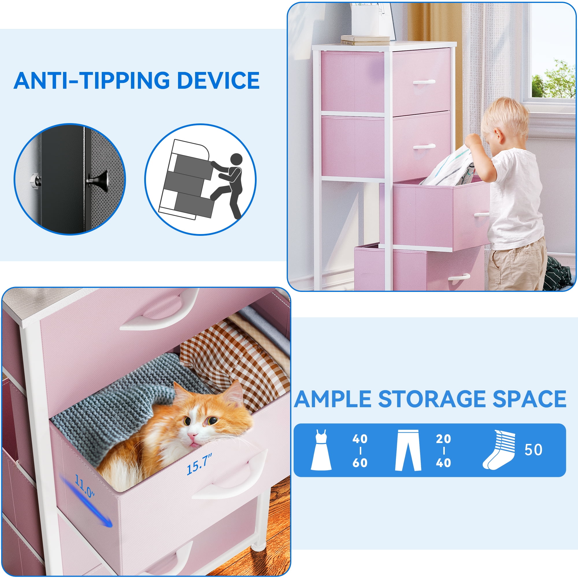 Uforic Pink 4-Drawer Fabric Dresser, Storage Organizer for Bedroom & Nursery, for Kids & Adults