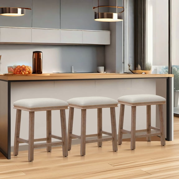 SUMMIT LIVING 24" Wood Bar Stool, Backless Counter Height Stool with Padded Seat for Kitchen Island, Set of 3, White