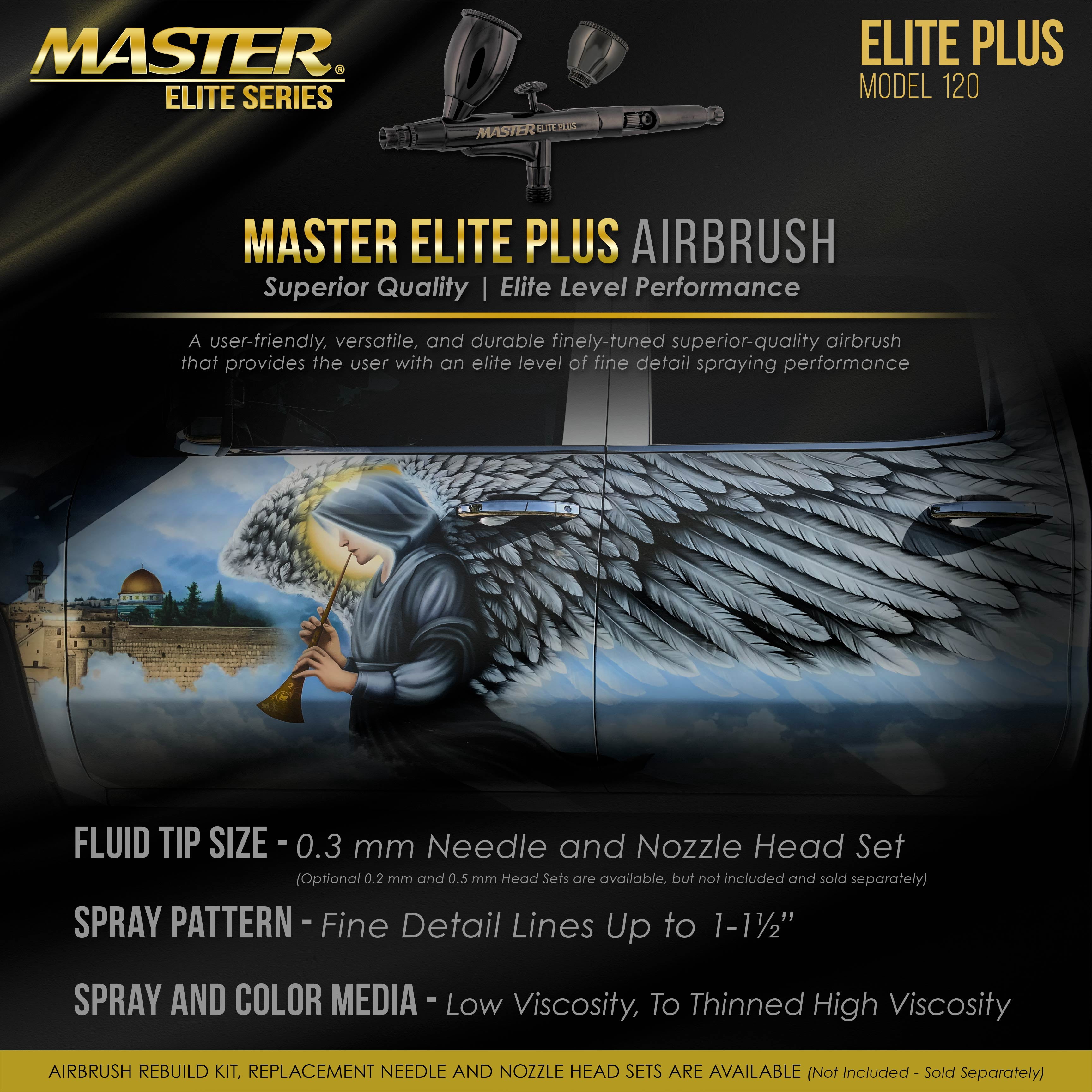 Master Elite Plus Airbrush Set, Model 120 - Elite Level Spray Performance Dual-Action Gravity Feed Airbrush Kit with Case, 0.3mm Tip, 2 Cups, Filter - Auto-Graphics, Art, Cake, Tattoo