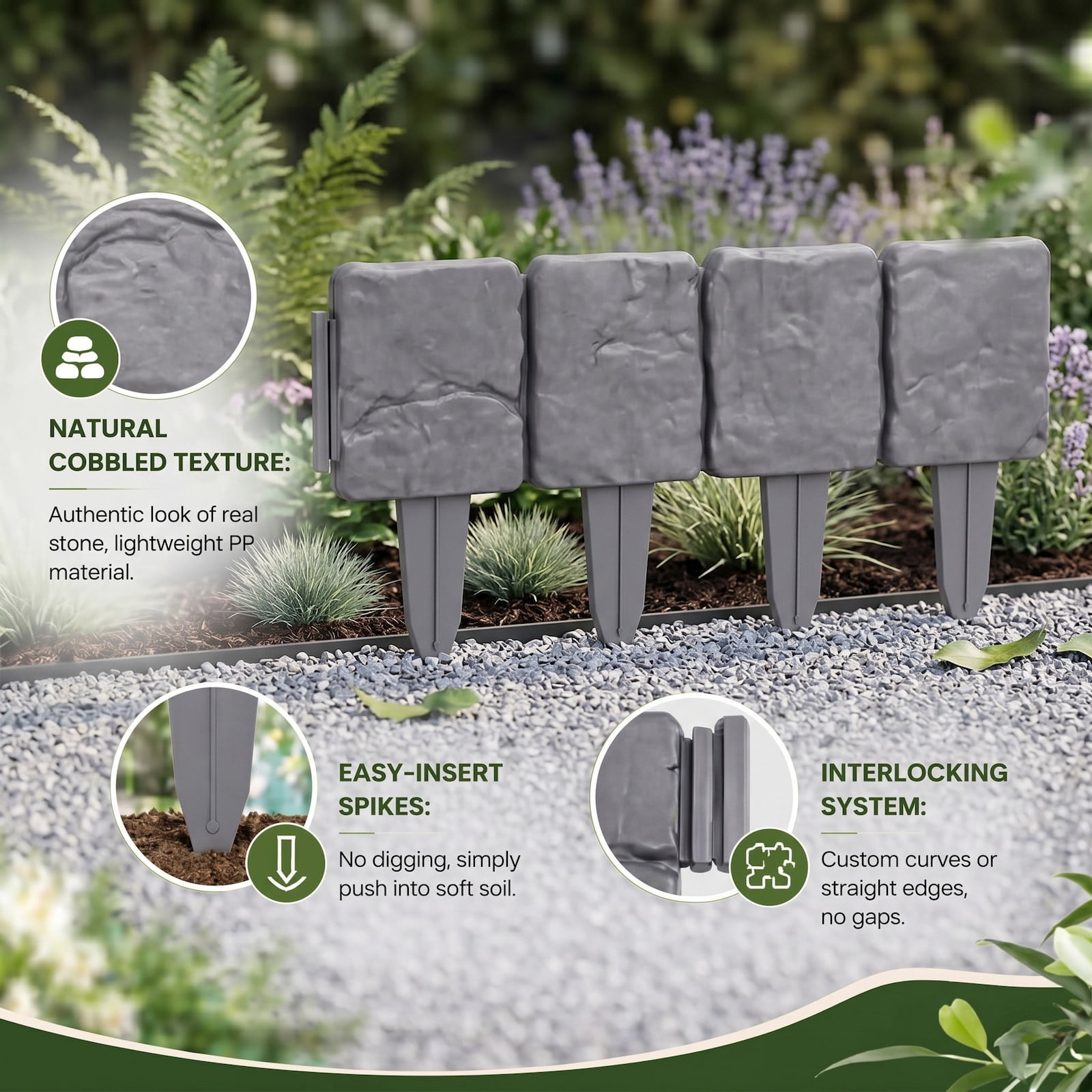 Faux Stone Landscape Edging, No-Dig Plastic Garden Border Fence, Interlocking Lawn Edging for Flower Beds & Pathways