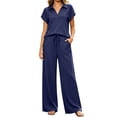thumbnail image 3 of VBVC Women's Collared V-Neck 2 Piece Lounge Set, Casual Summer Tracksuit Outfit with Drawstring Wide Leg Pants and Pockets,Navy,S-2XL, 3 of 8