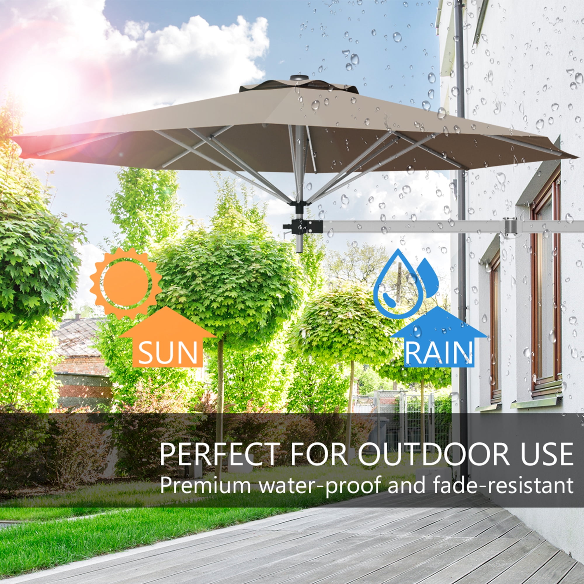 Gymax 8FT Patio Wall Mounted Cantilever Umbrella Parsol w/ Adjustable Pole Tan