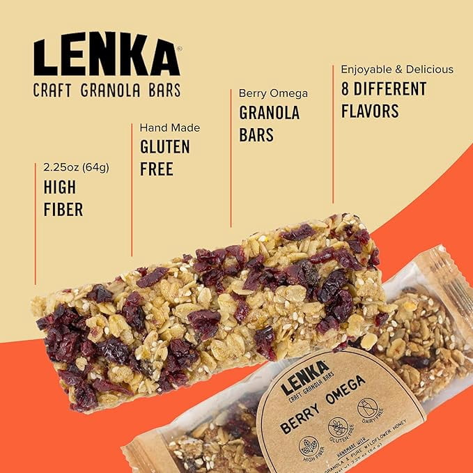LENKA Handmade Craft Granola Bars - Berry Omega Gluten Free High Fiber - Nutritious Snack Bar with Granola - 12 Pack