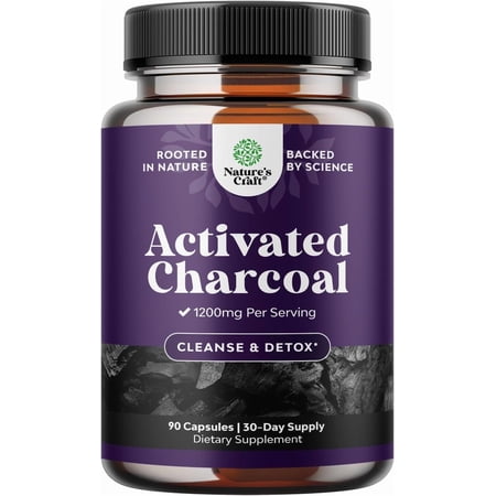 Natures Craft Activated Charcoal Pills Detox & Cleanse - Purifying Coconut Capsules with 1200 mg Per Serving for Bloating Relief - Active Detox Supplement for Body & Gut Health - 90 Count