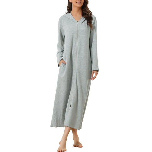INSPIRE CHIC Women's Zip Up Nightgowns Long House Robe Long Sleeve Hooded Sweatshirt Loungewear with Pockets M Grey