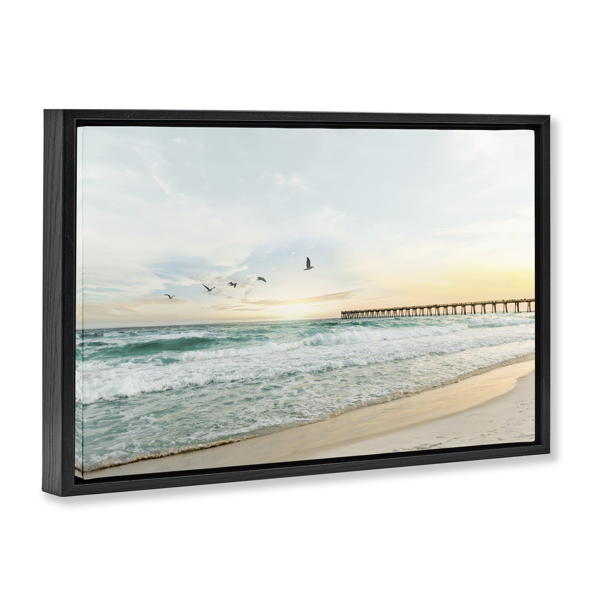 Stupell Industries Birds at Beach Pier Landscape & Nature Photography Black Floater Framed Canvas Art Print Wall Art, 25 x 17