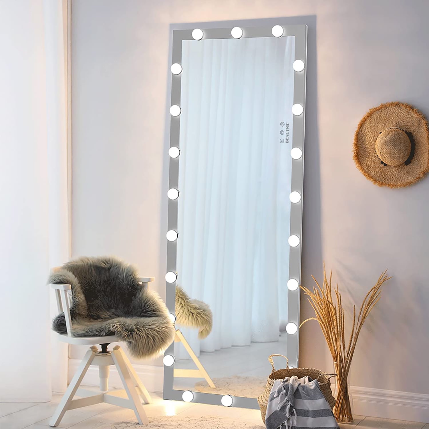 Resenkos LED Against Wall Full Length Mirror with Vanity Lights for Body Dressing, Bedroom Hanging Standing Mirror with Silver Aluminum Alloy Frame