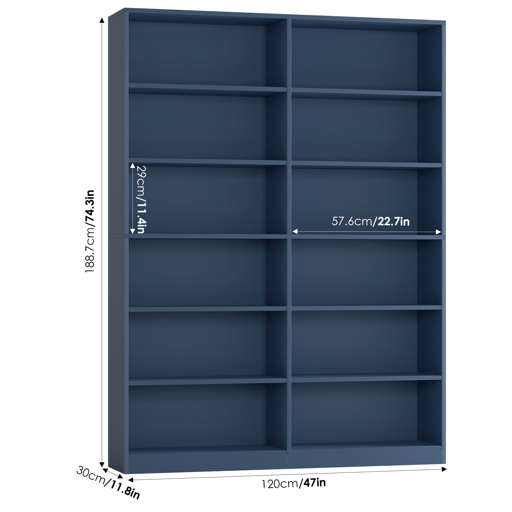 Homfa 74.3” Double Wide 6-Tier Bookcase, Extra Large Wooden Freestanding Display Bookshelf for Home Office Living Room, Blue