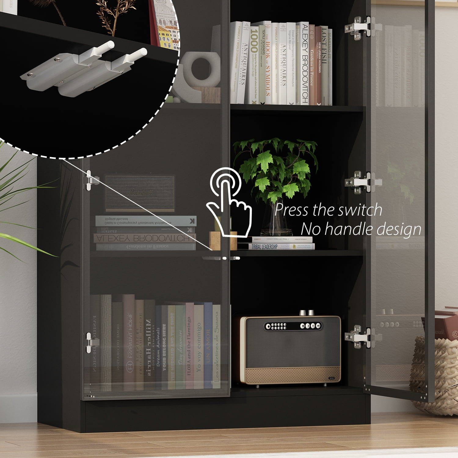 FUFU&GAGA Black Wood Display Cabinet With Tempered Glass Doors and