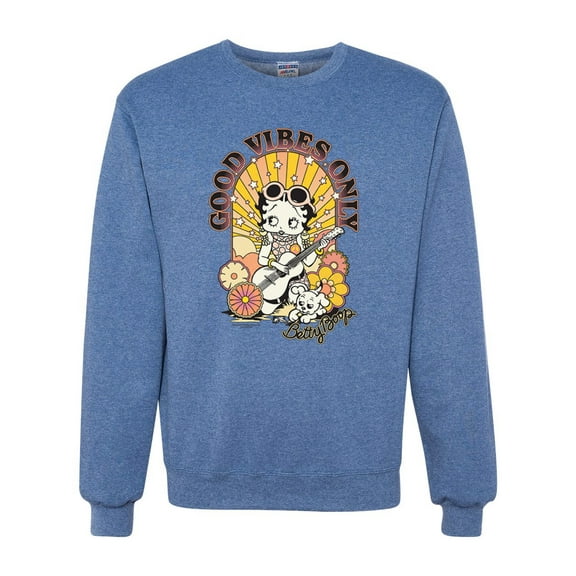Wild Bobby, Betty Boop Good Vibes Only Betty Boop Unisex Crewneck Sweatshirt, Vintage Heather Blue, X-Large