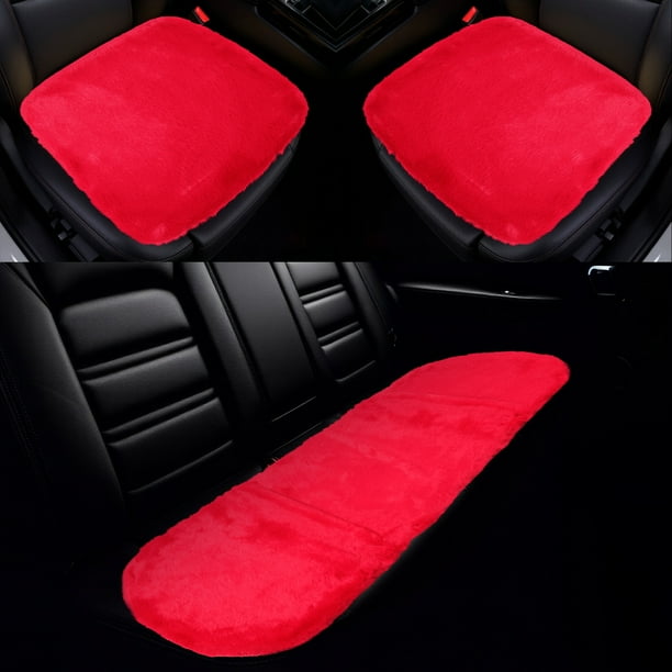 Juego de Fundas para Asientos de Coche Universal, Cojín para Asiento de Coche para Asientos Delanteros y Traseros, Alfombrilla de Lana de Oveja Roja 1 Juego