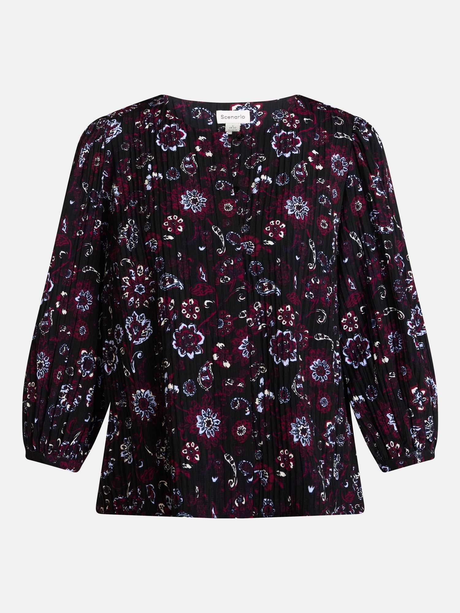 Scenario Women's and Women's Plus Blouse with 3/4-Length Puff Sleeves, Sizes XS-4X