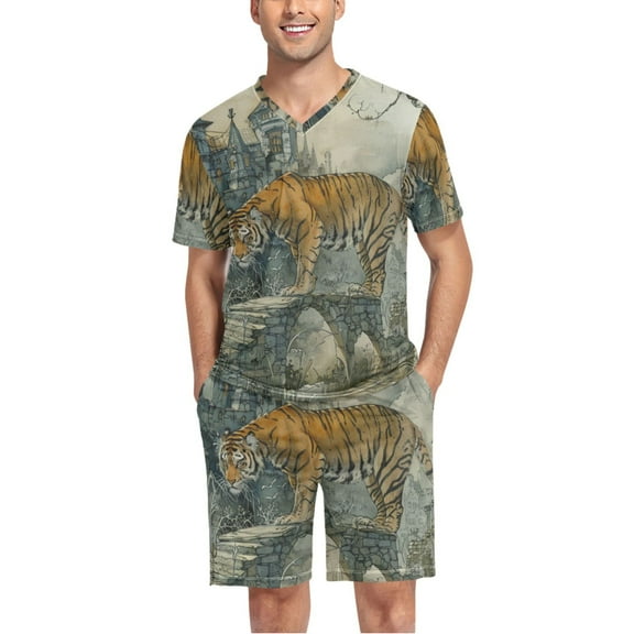 joogoo Men's Pajama Set A Tiger on Bridge V-Neck Pj Shorts Set 2 Piece Loungewear Sleepwear L