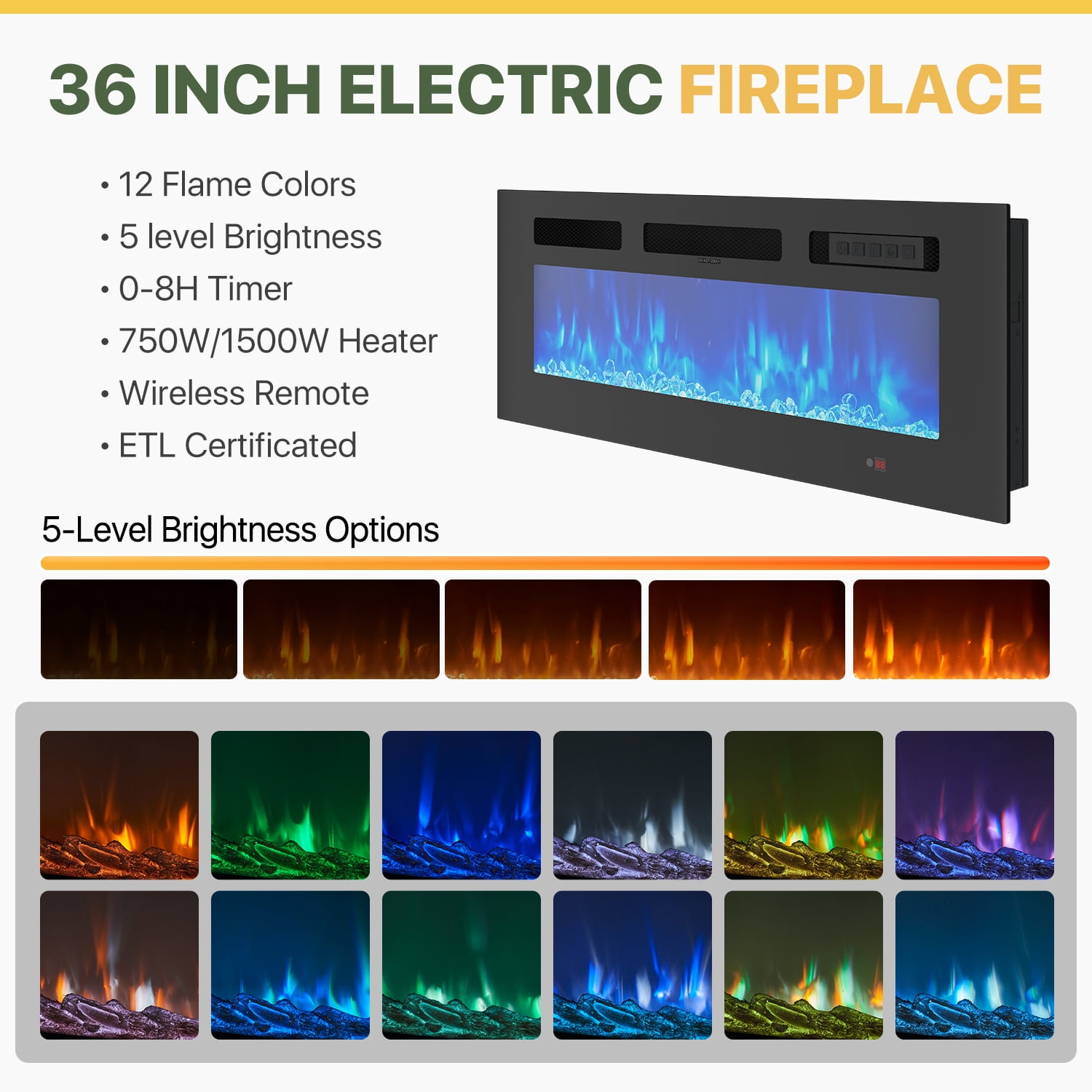 BaPiPro 80" Fireplace TV Stand for TVs up to 90", Large Modern Entertainment Center, White TV Console with 36" Electric Fireplace & LED Lights, Black Fireplace