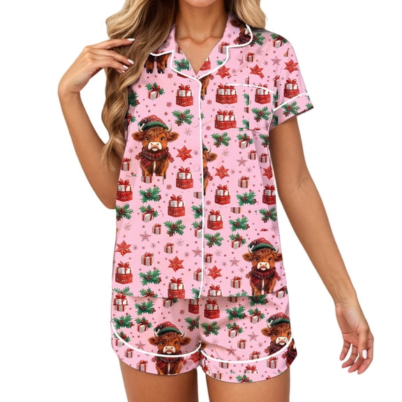Womens Pajamas Trendy Cow Print Short Sleeve Button Down Shirt And Shorts Womens Sleepwear,Pink,S