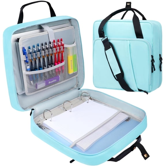3 D-Ring Zipper Binder 2 inch with Shoulder Strap, Waterproof Stora 500 Sheets Capacity, Multi-Pockets Orizer Bag for 13 Laptop Colle Office (Blue)