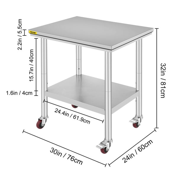 VEVOR Table De Travail En Acier Inoxydable, 24 X 24 X 26 Pouces, Table