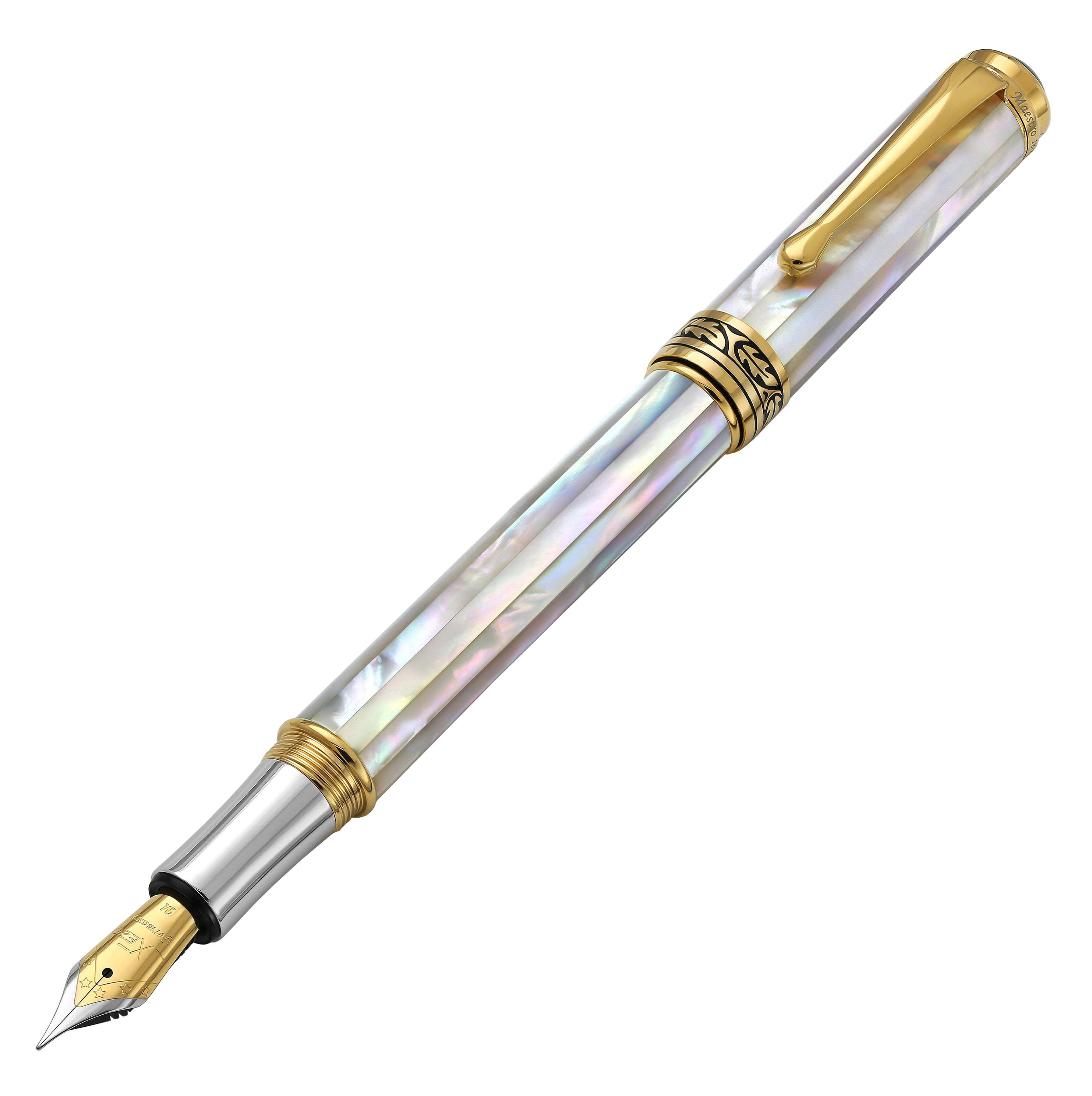 Xezo Xezo Maestro® 18K Gold Plated Fountain Pen (Medium Nib) - Oceanic White Mother of Pearl