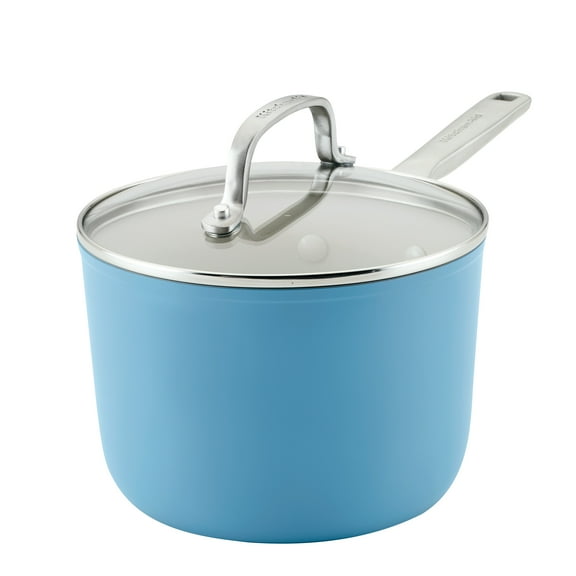 KitchenAid Hard Anodized 3 Quart Ceramic Nonstick Cookware Sauce Pan, Oven Safe to 500°F, Blue Velvet
