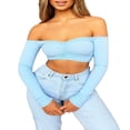 thumbnail image 2 of Women Off Shoulder Crop Top Long Sleeve Ribbed Knit Stretchy Blouse Top Vest, 2 of 6