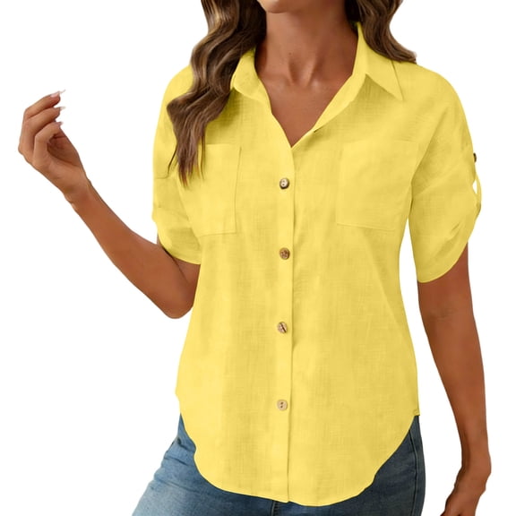 Craaazy Women's Solid Color Breathable Linen Blend Turn-Down Collar Blouse, Button Front Roll-Up Sleeve Casual Top for Spring & Summer Gifts